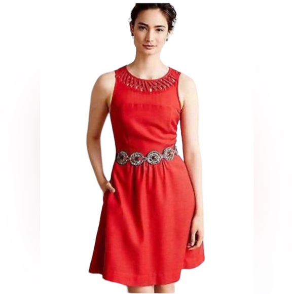 Anthropologie Maeve Lattice Neck Dress Red, sleeveless, size 4 - Picture 1 of 7